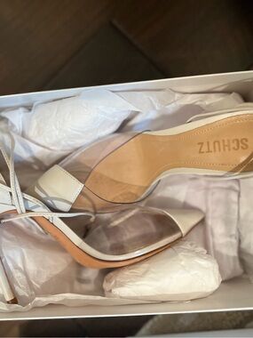 SCHUTZ White and Clear Pointed-Toe Stiletto Heel